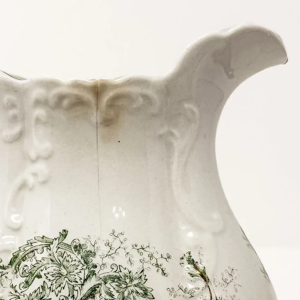 Antique Wick China Co Aurora Ironstone Pitcher Green Transferware Floral Gilt